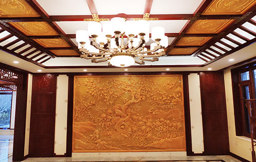 井陉中式别墅客厅中式木作横梁吊顶装饰展示